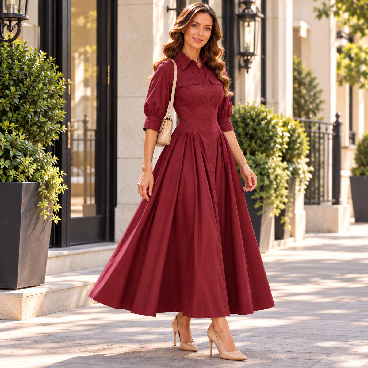 Evelyn Pleated Midi Shirt Dress
