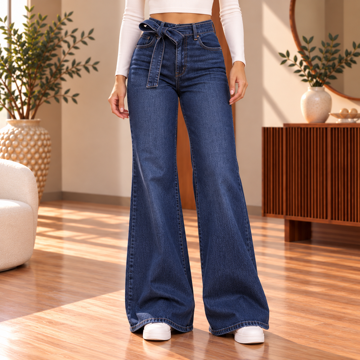 Simone Belted Bell-Bottom Jeans