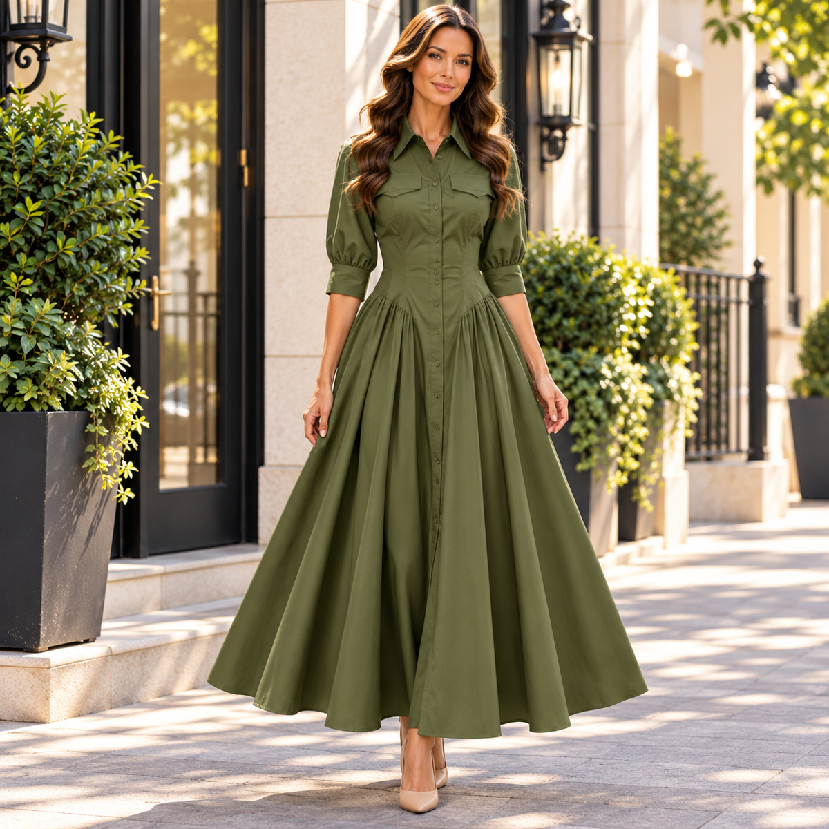 Evelyn Pleated Midi Shirt Dress