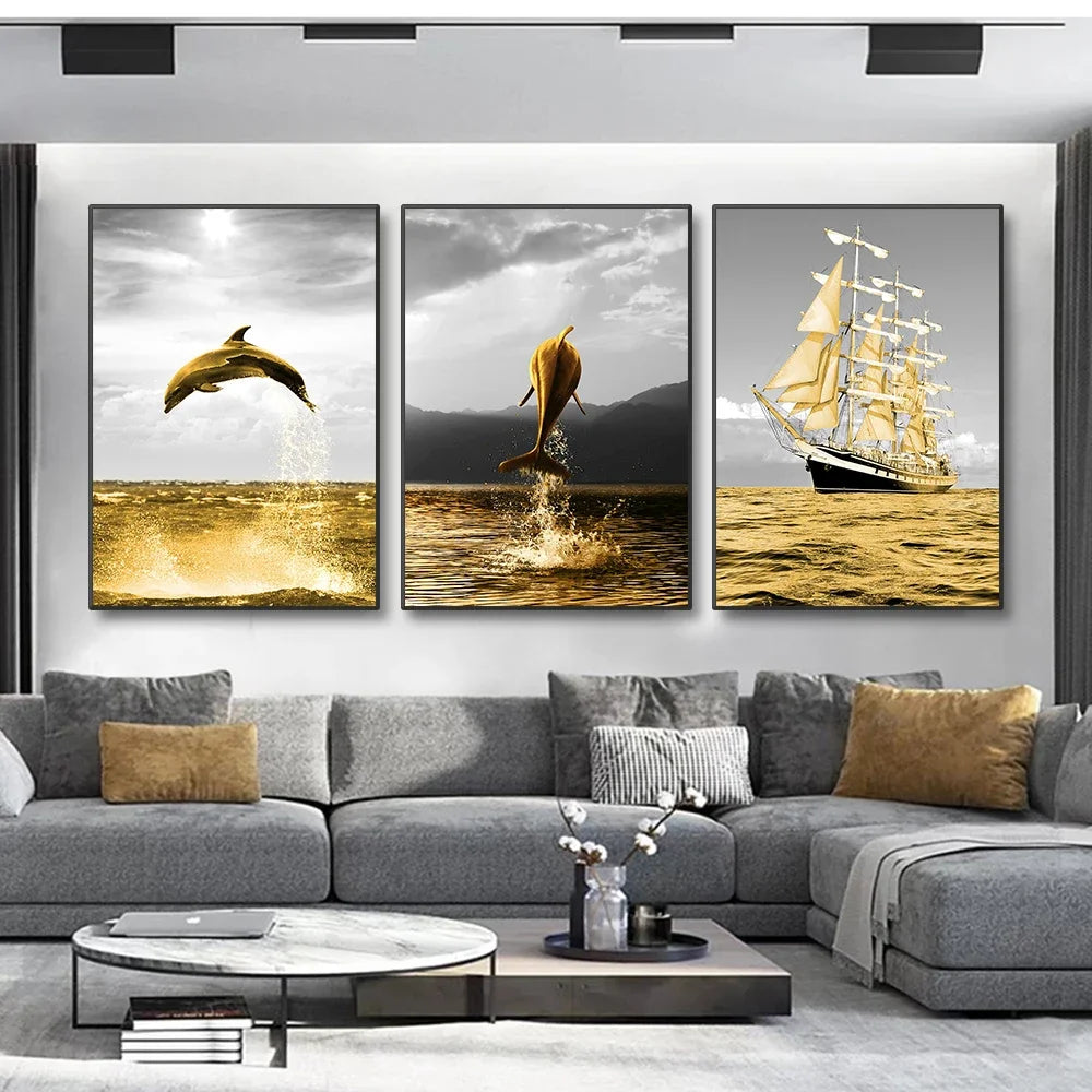 Mariselle Golden Ocean Wall Art Set