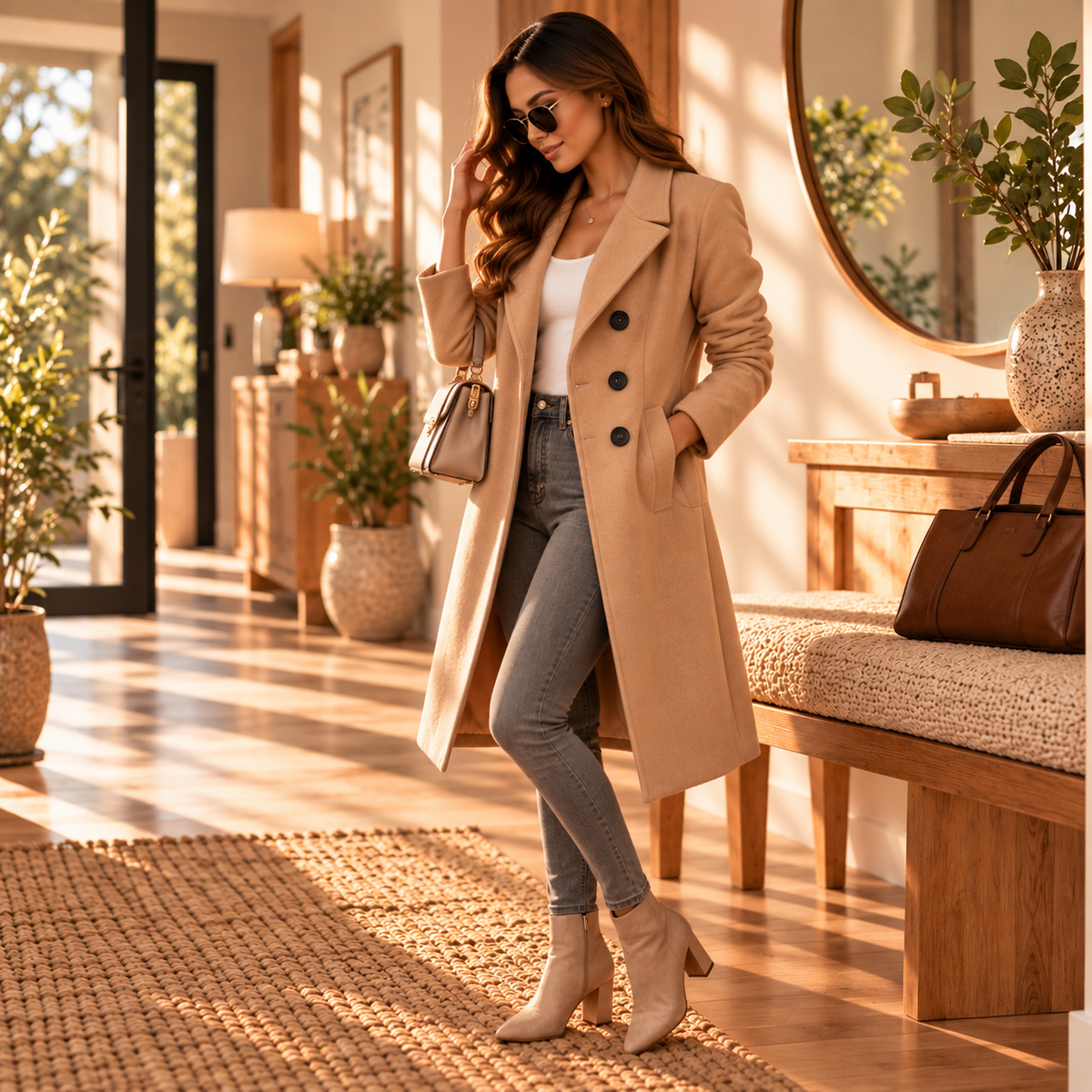 LuxeCamel Double-Breasted Wool-Style Coat