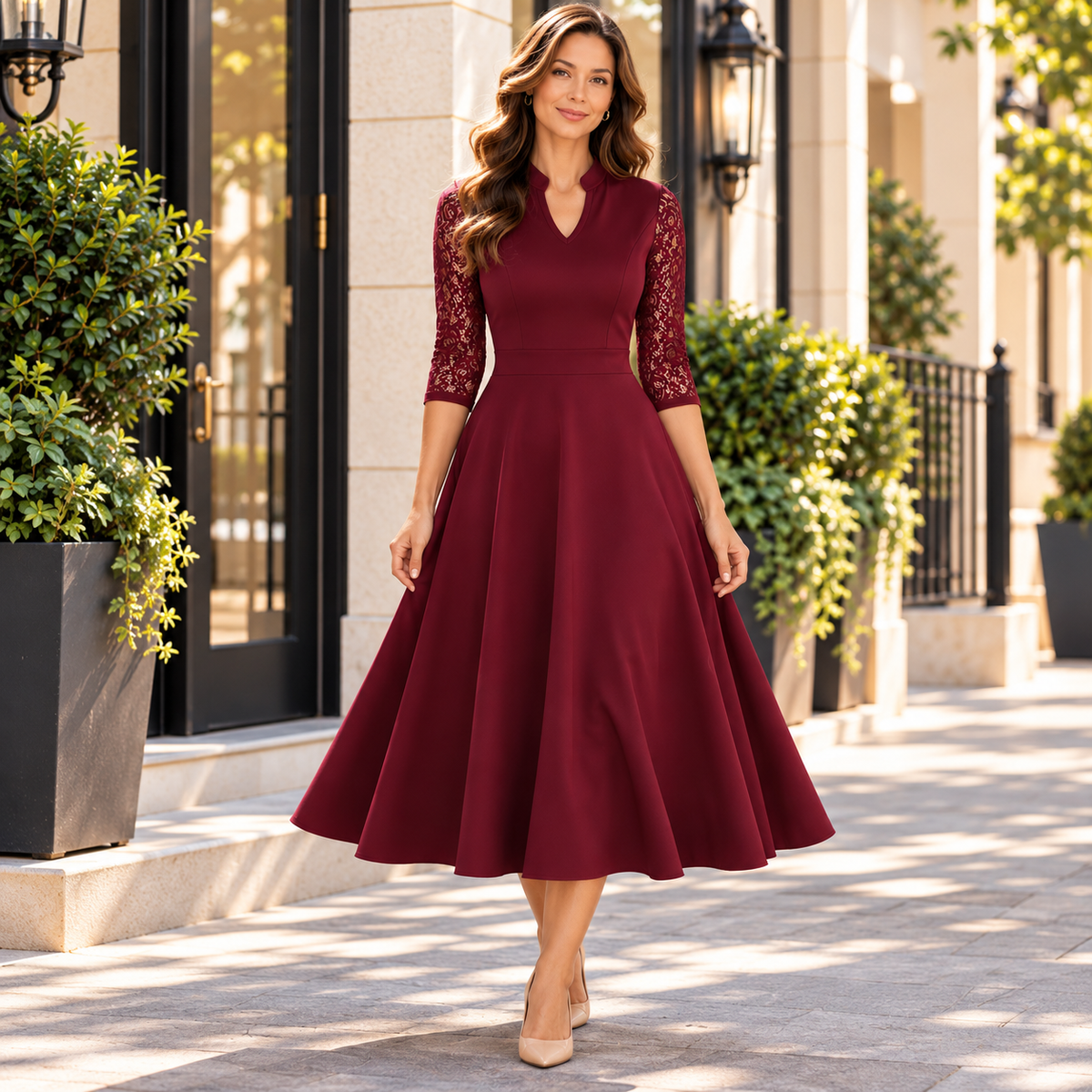 Odette Lace-Sleeve Fit-and-Flare Dress