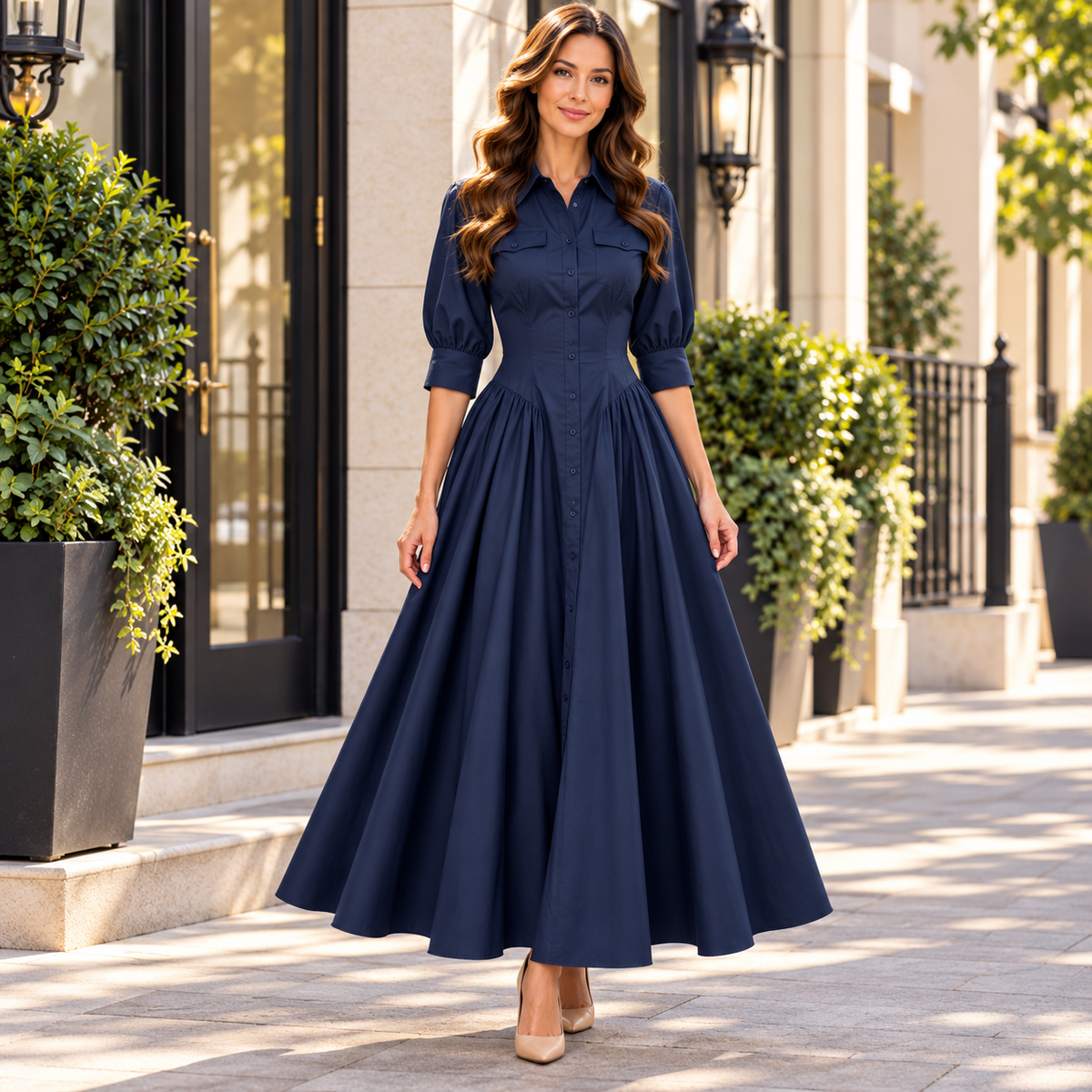 Evelyn Pleated Midi Shirt Dress