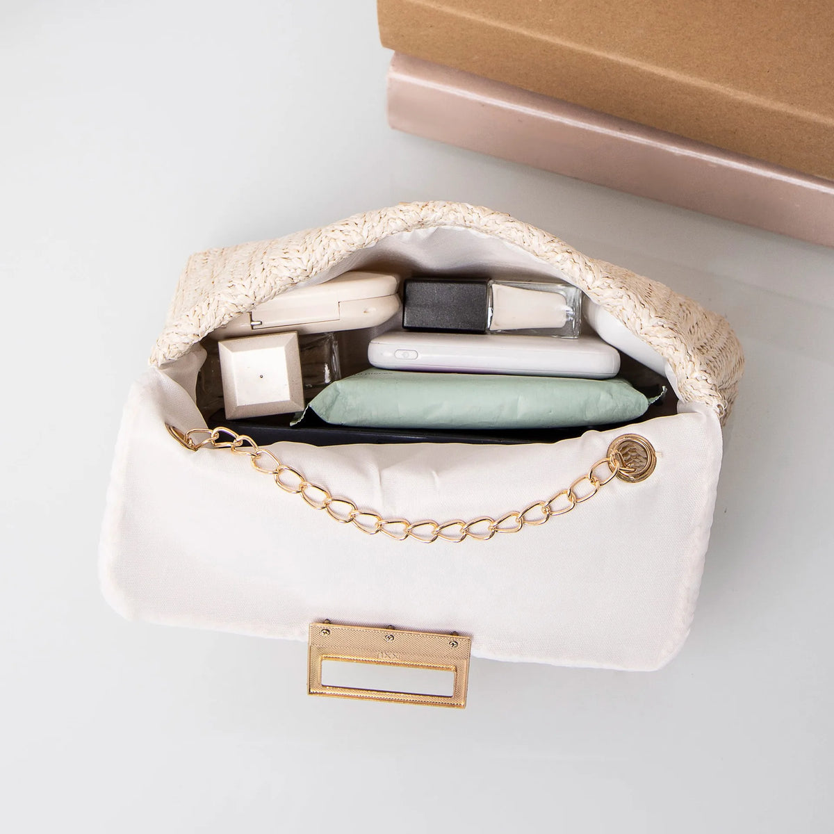 Woven Chain-Strap Evening Clutch