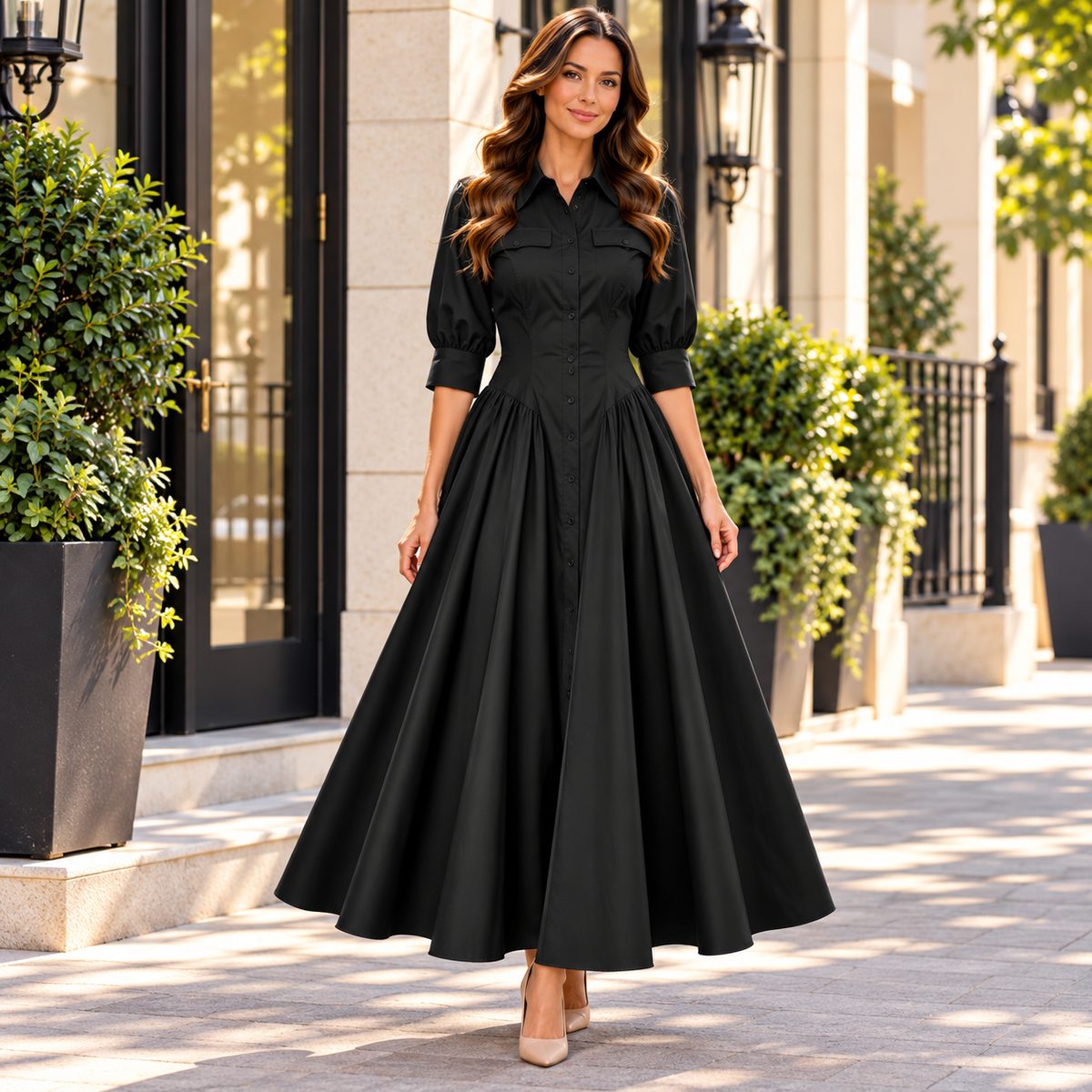Evelyn Pleated Midi Shirt Dress