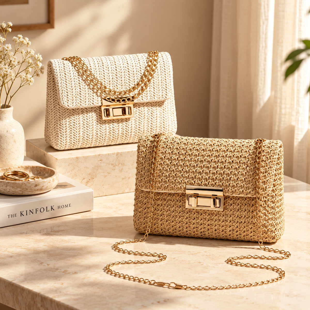 Woven Chain-Strap Evening Clutch