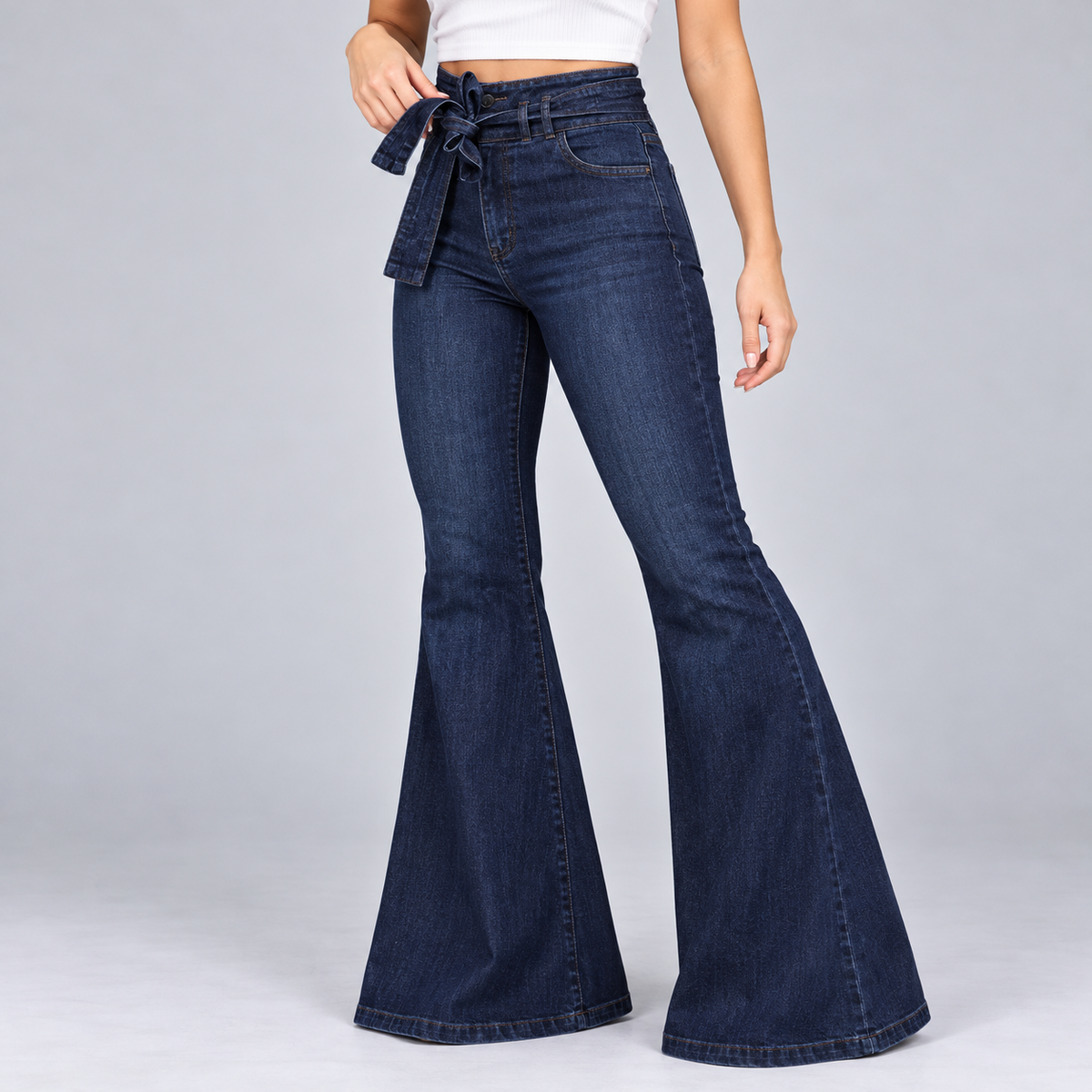 Simone Belted Bell-Bottom Jeans
